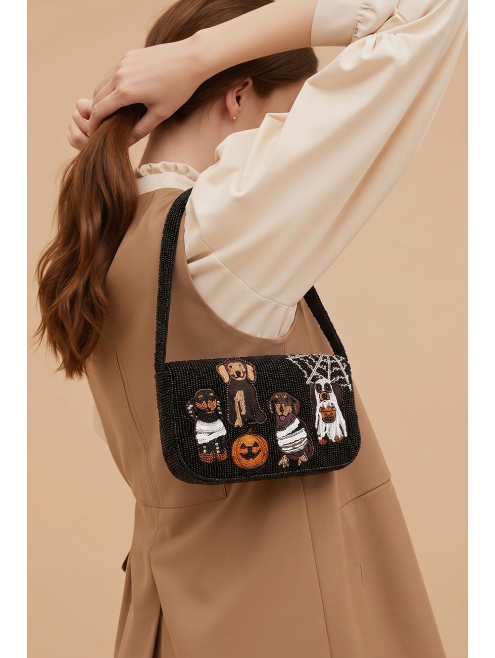 Black Beaded Halloween Dog Embroidered Shoulder Bag